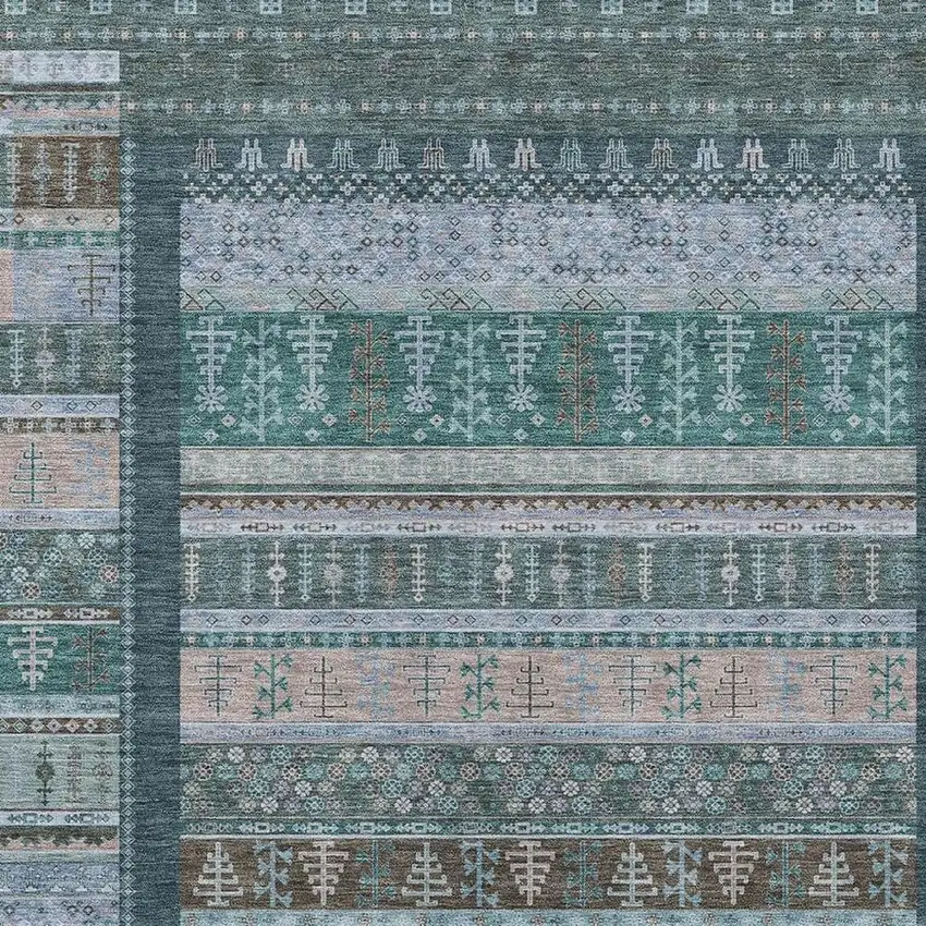 Emerald Teal Blue And Beige Striped Washable Indoor Outdoor Area Rug Photo 6