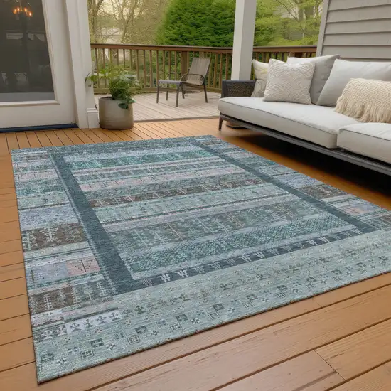 Emerald Teal Blue And Beige Striped Washable Indoor Outdoor Area Rug Photo 7