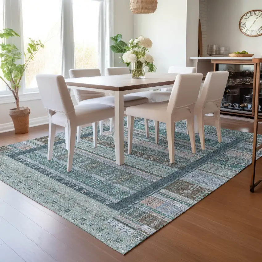 Emerald Teal Blue And Beige Striped Washable Indoor Outdoor Area Rug Photo 8