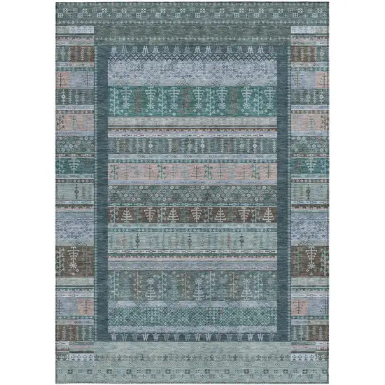 Emerald Teal Blue And Beige Striped Washable Indoor Outdoor Area Rug Photo 4