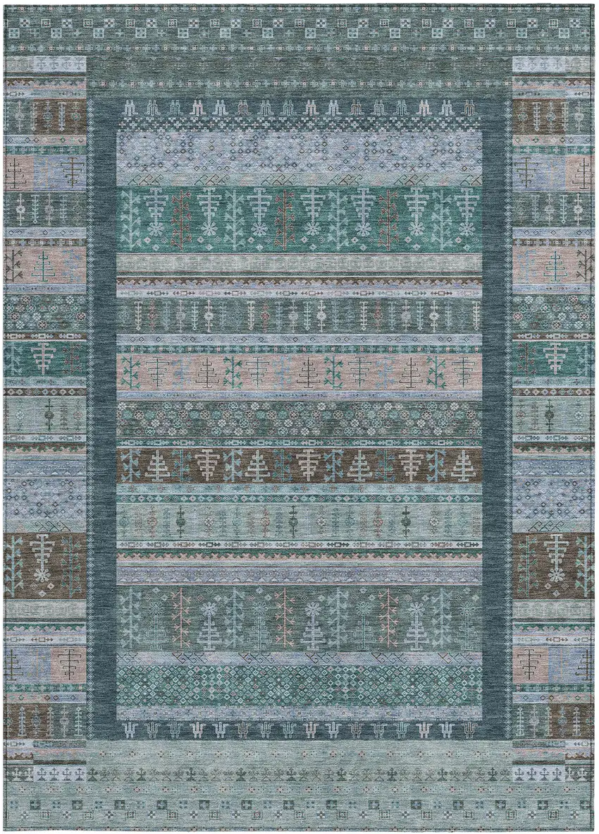 Emerald Teal Blue And Beige Striped Washable Indoor Outdoor Area Rug Photo 4