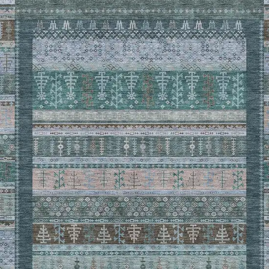 Emerald Teal Blue And Beige Striped Washable Indoor Outdoor Area Rug Photo 5