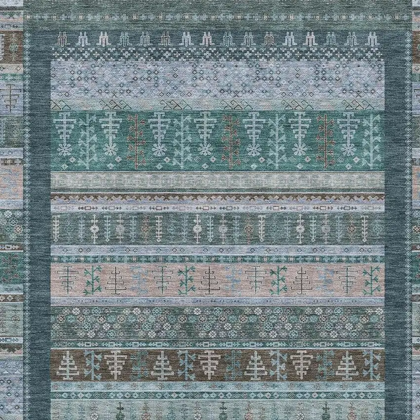 Emerald Teal Blue And Beige Striped Washable Indoor Outdoor Area Rug Photo 5