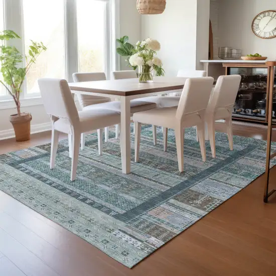 Emerald Teal Blue And Beige Striped Washable Indoor Outdoor Area Rug Photo 7