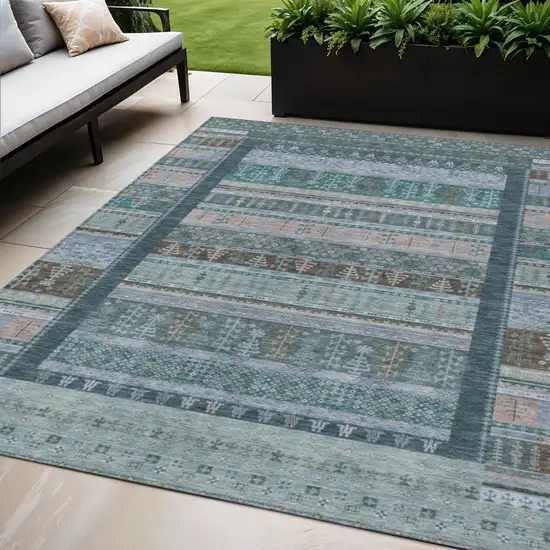 Emerald Teal Blue And Beige Striped Washable Indoor Outdoor Area Rug Photo 2