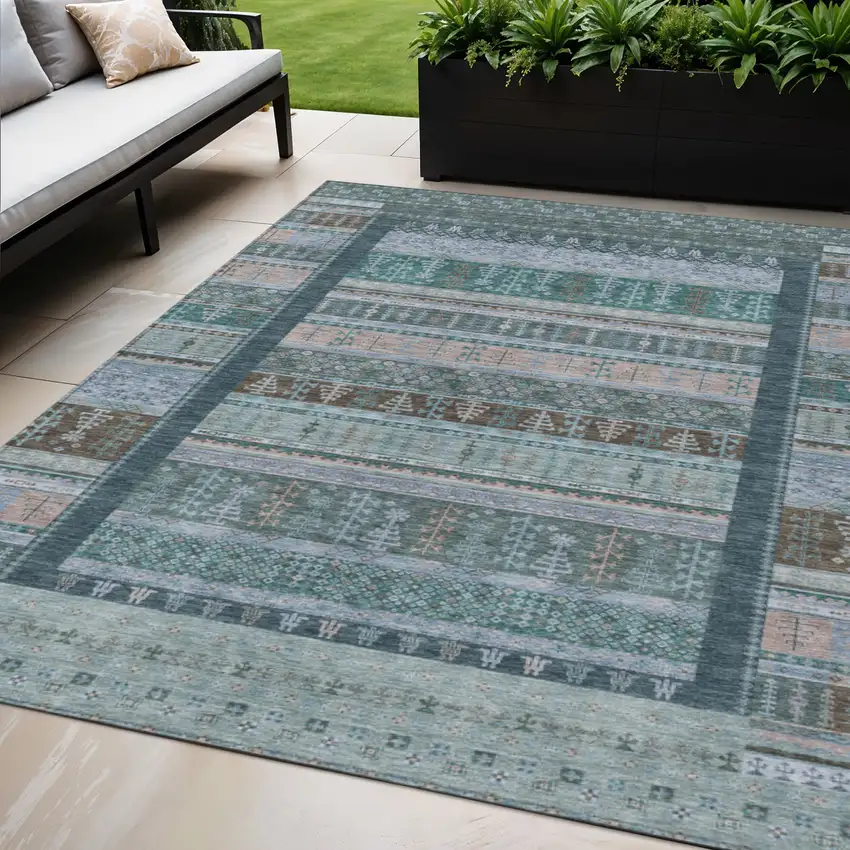 Emerald Teal Blue And Beige Striped Washable Indoor Outdoor Area Rug Photo 2