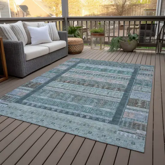 Emerald Teal Blue And Beige Striped Washable Indoor Outdoor Area Rug Photo 9
