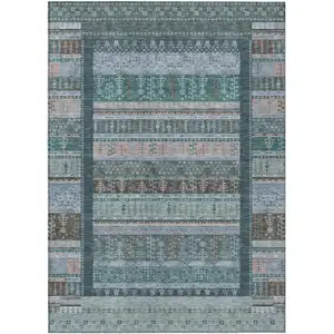 Photo of Emerald Teal Blue And Beige Striped Washable Indoor Outdoor Area Rug