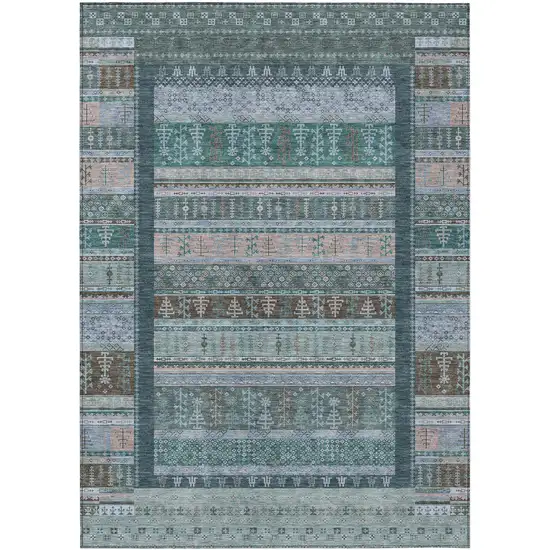 Emerald Teal Blue And Beige Striped Washable Indoor Outdoor Area Rug Photo 1