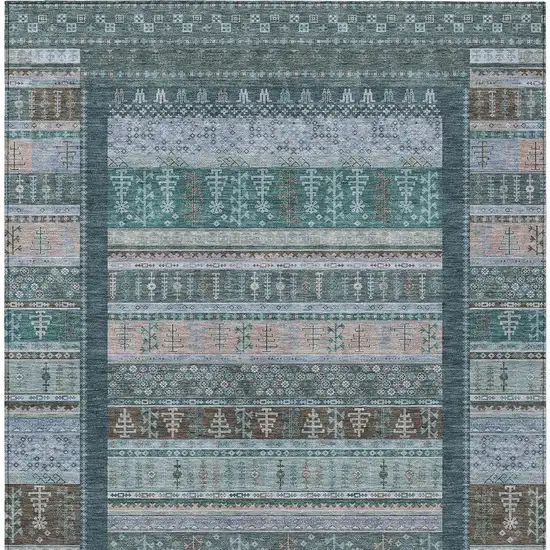 Emerald Teal Blue And Beige Striped Washable Indoor Outdoor Area Rug Photo 3