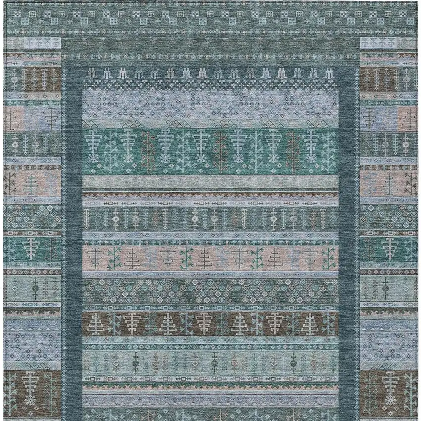 Emerald Teal Blue And Beige Striped Washable Indoor Outdoor Area Rug Photo 3