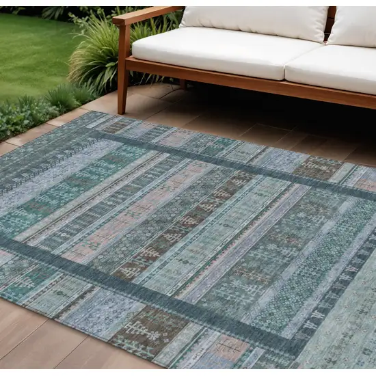 Emerald Teal Blue And Beige Striped Washable Indoor Outdoor Area Rug Photo 2