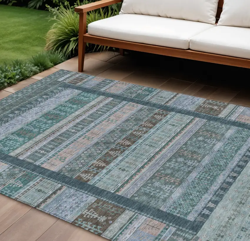 Emerald Teal Blue And Beige Striped Washable Indoor Outdoor Area Rug Photo 2