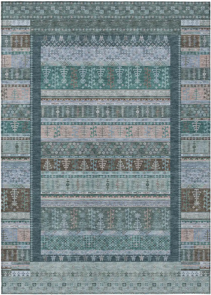 Emerald Teal Blue And Beige Striped Washable Indoor Outdoor Area Rug Photo 3