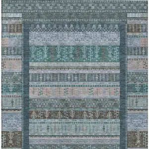 Photo of Emerald Teal Blue And Beige Striped Washable Indoor Outdoor Area Rug