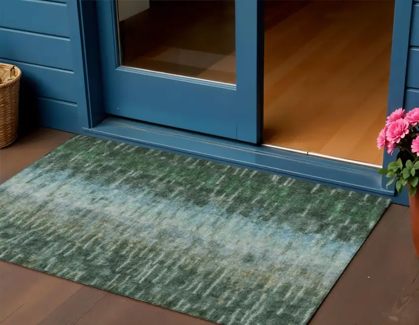 Emerald Teal Blue And Ivory Abstract Washable Indoor Outdoor Area Rug Photo 1