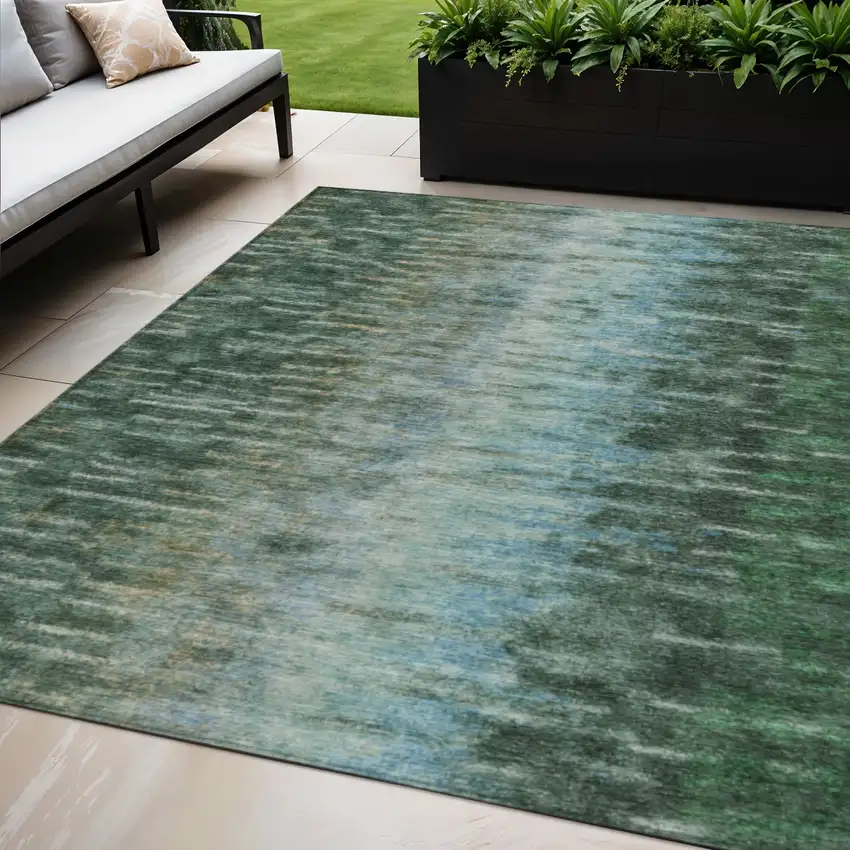 Emerald Teal Blue And Ivory Abstract Washable Indoor Outdoor Area Rug Photo 1