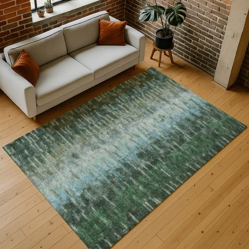 Emerald Teal Blue And Ivory Abstract Washable Indoor Outdoor Area Rug Photo 9
