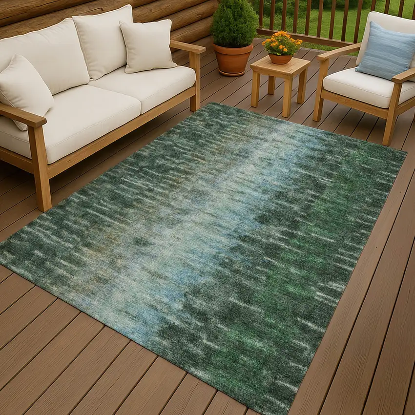 Emerald Teal Blue And Ivory Abstract Washable Indoor Outdoor Area Rug Photo 9