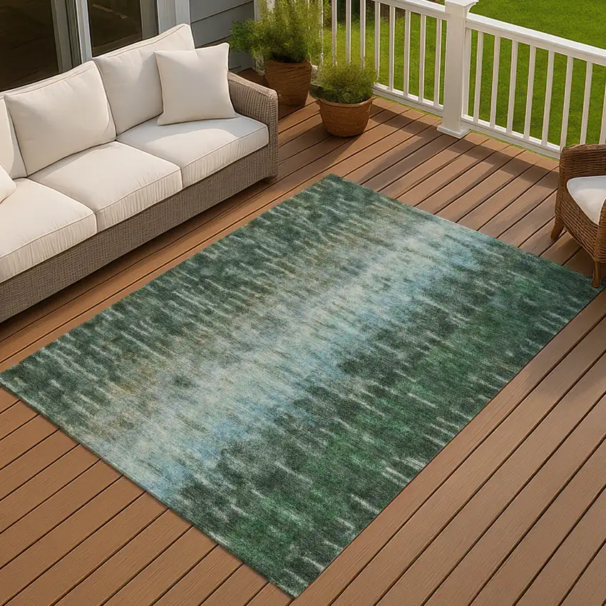 Emerald Teal Blue And Ivory Abstract Washable Indoor Outdoor Area Rug Photo 7