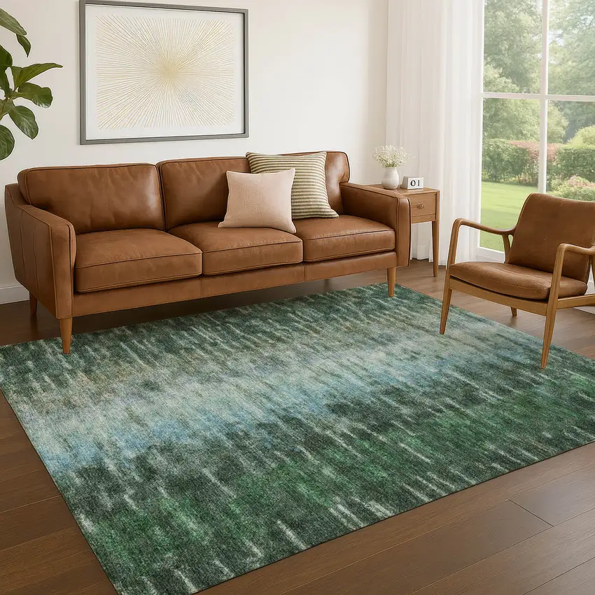 Emerald Teal Blue And Ivory Abstract Washable Indoor Outdoor Area Rug Photo 9