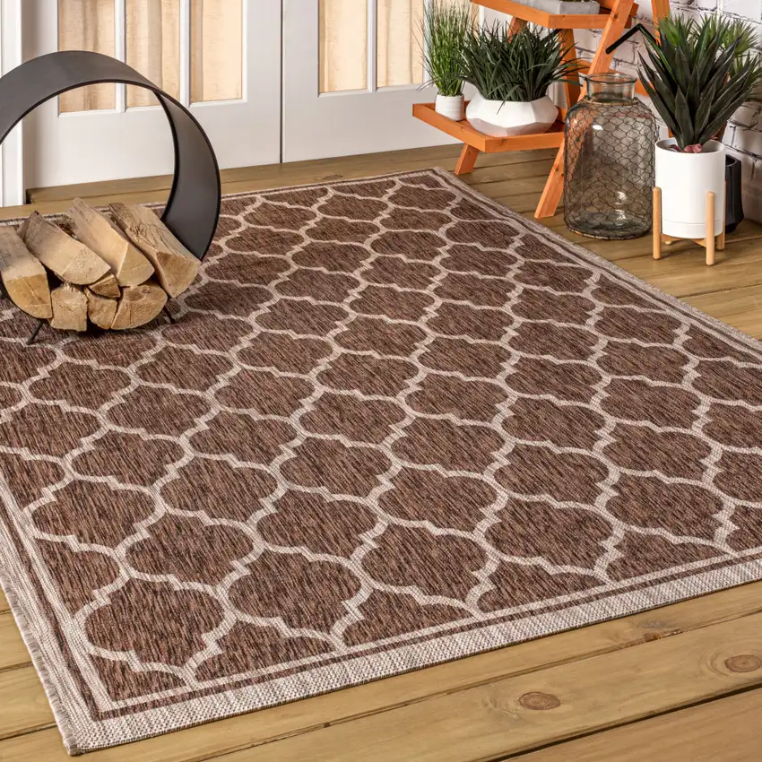 Espresso And Taupe Geometric Indoor Outdoor Area Rug Photo 5