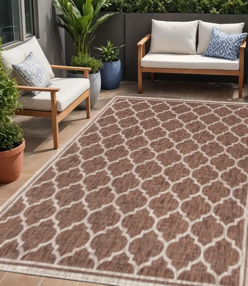 Espresso And Taupe Geometric Indoor Outdoor Area Rug Photo 1