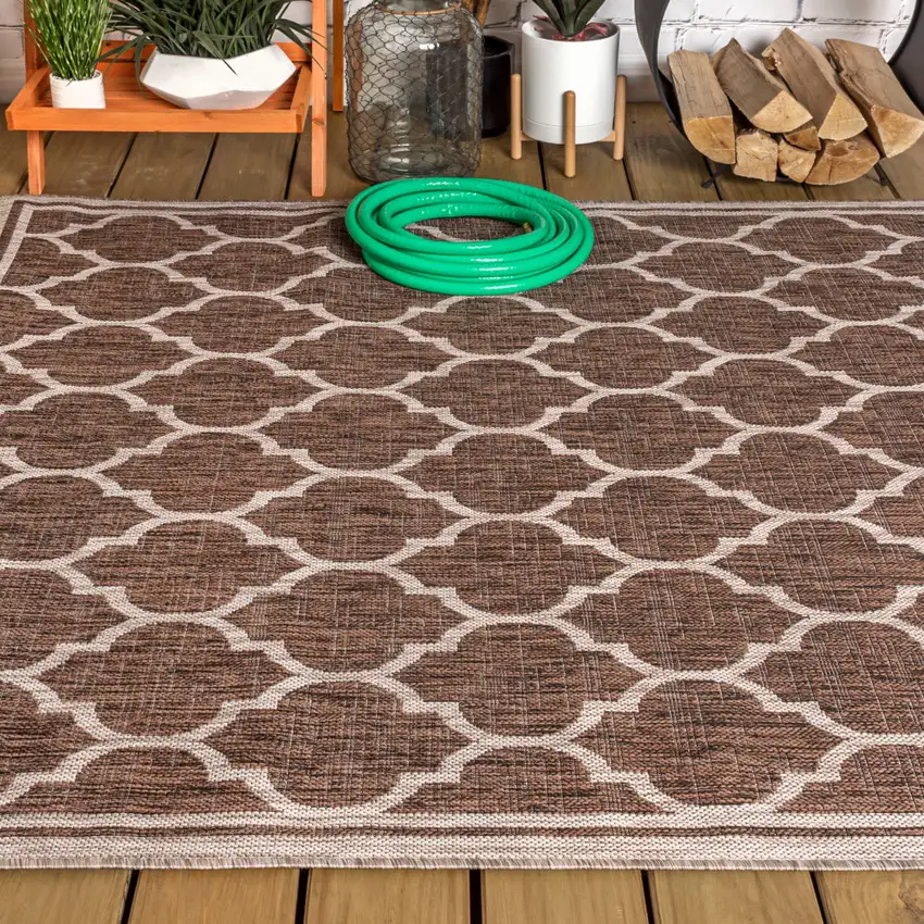 Espresso And Taupe Geometric Indoor Outdoor Area Rug Photo 7
