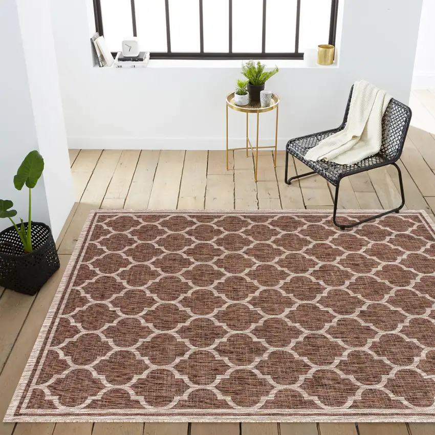 Espresso And Taupe Geometric Indoor Outdoor Area Rug Photo 9