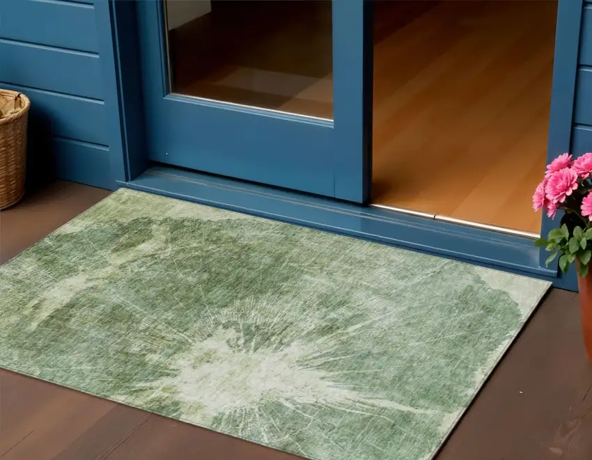 Fern Green And Artichoke Green Abstract Washable Indoor Outdoor Area Rug Photo 1