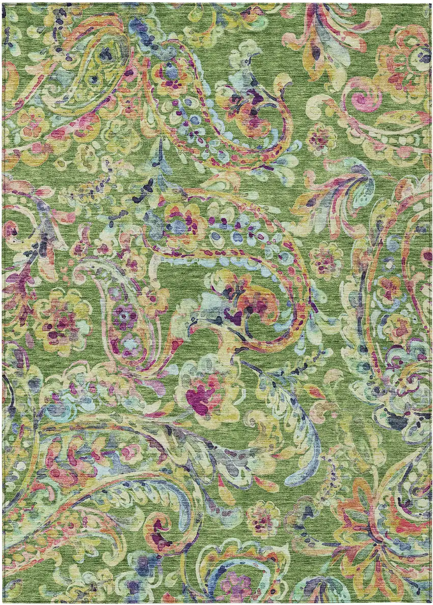 Fern Green And Artichoke Green Paisley Washable Indoor Outdoor Area Rug Photo 2