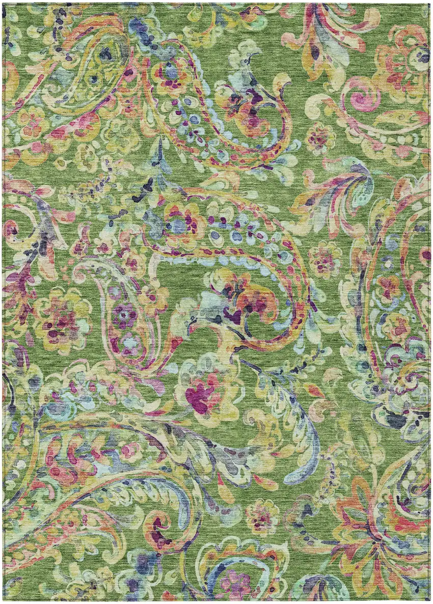 Fern Green And Artichoke Green Paisley Washable Indoor Outdoor Area Rug Photo 2