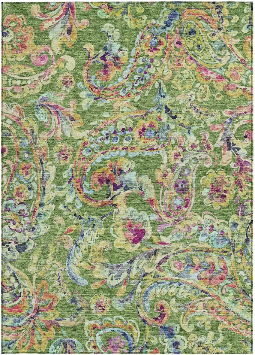 Fern Green And Artichoke Green Paisley Washable Indoor Outdoor Area Rug Photo 7