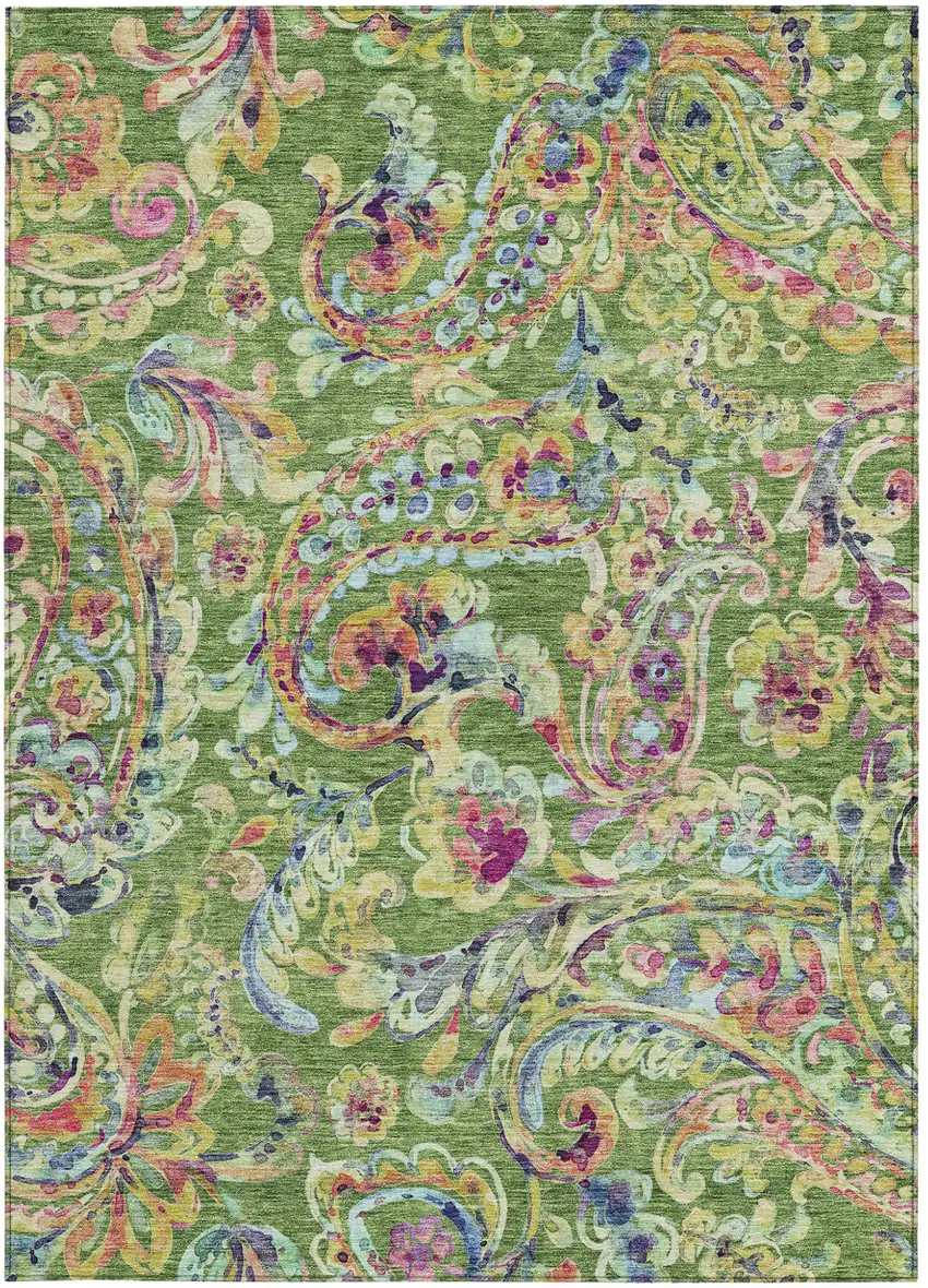 Fern Green And Artichoke Green Paisley Washable Indoor Outdoor Area Rug Photo 7