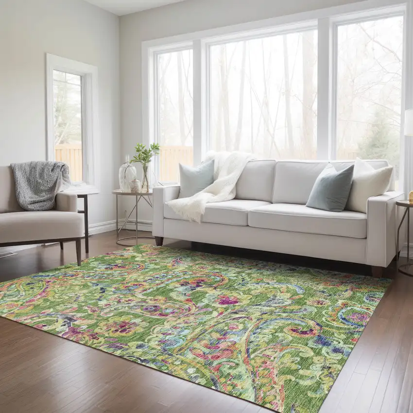 Fern Green And Artichoke Green Paisley Washable Indoor Outdoor Area Rug Photo 9