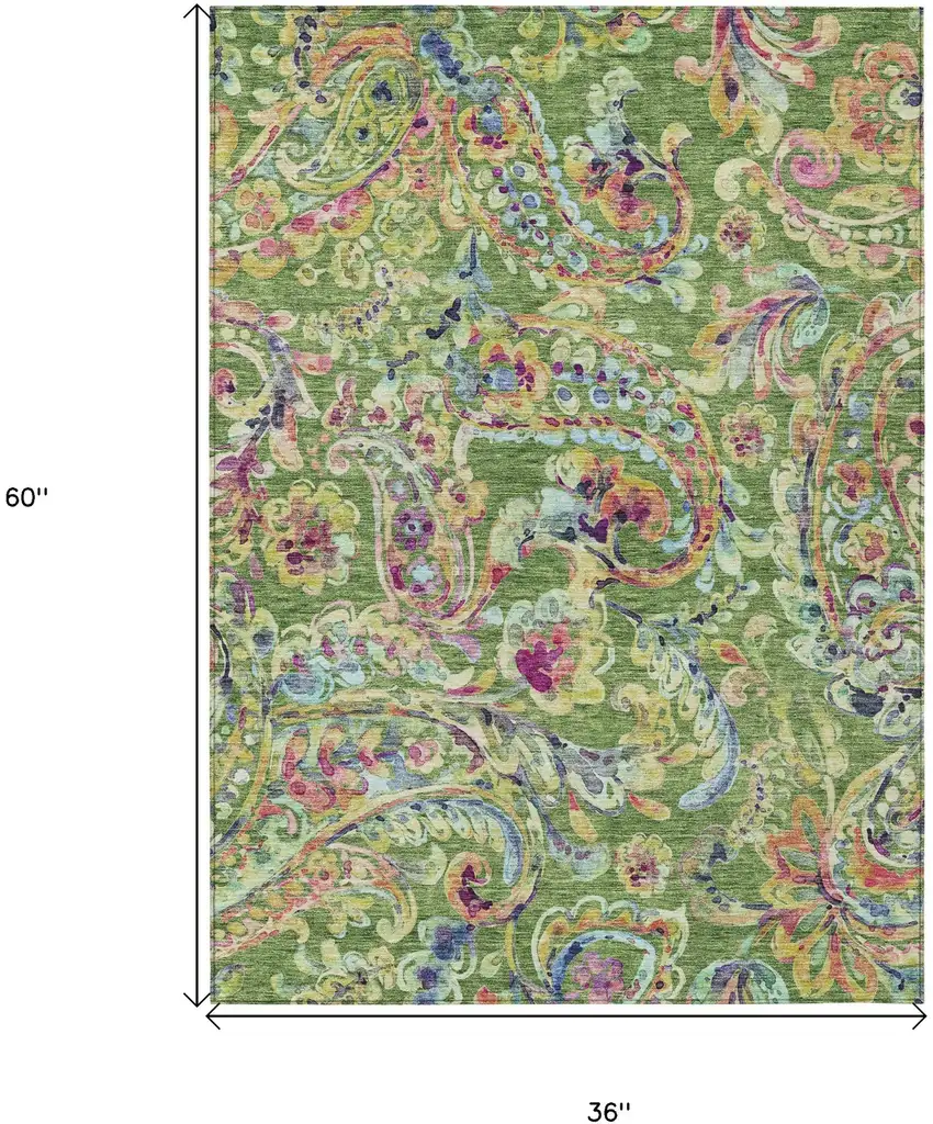 Fern Green And Artichoke Green Paisley Washable Indoor Outdoor Area Rug Photo 3