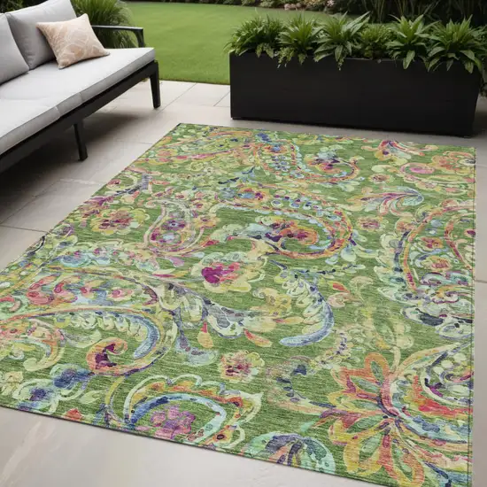 Fern Green And Artichoke Green Paisley Washable Indoor Outdoor Area Rug Photo 2