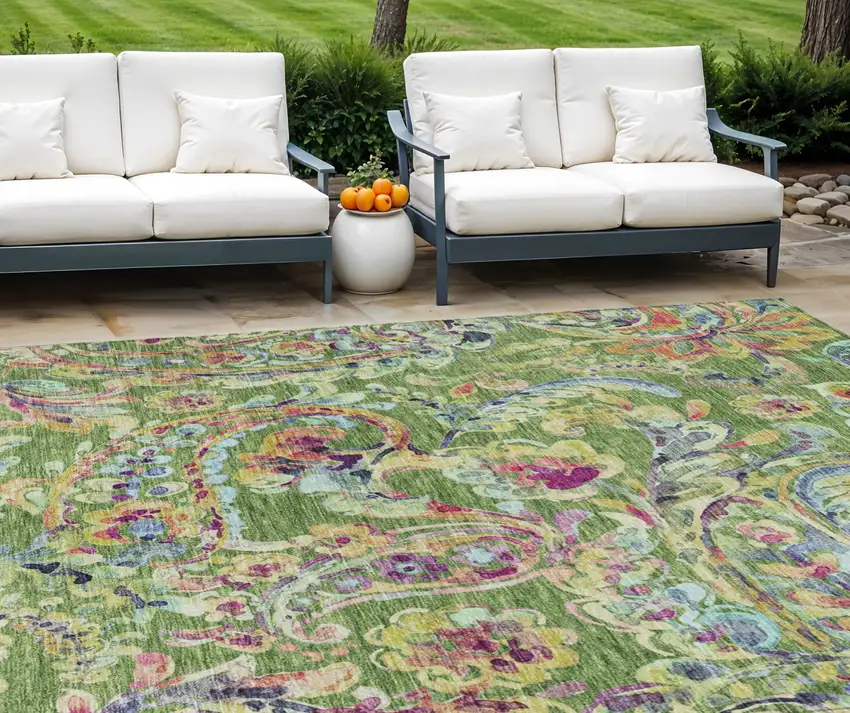 Fern Green And Artichoke Green Paisley Washable Indoor Outdoor Area Rug Photo 1