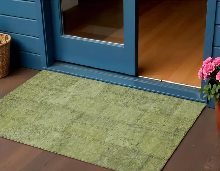 Fern Green And Artichoke Green Patchwork Washable Indoor Outdoor Area Rug Photo 1