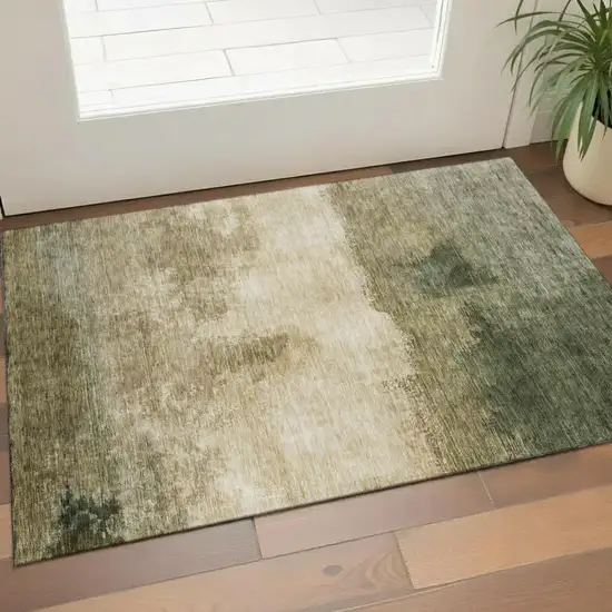 Fern Green And Beige Abstract Washable Area Rug With UV Protection Photo 1