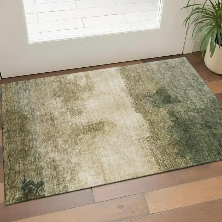 Fern Green And Beige Abstract Washable Area Rug With UV Protection Photo 1