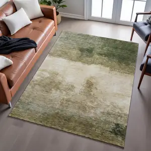 Photo of Fern Green And Beige Abstract Washable Area Rug With UV Protection