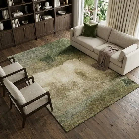 Fern Green And Beige Abstract Washable Area Rug With UV Protection Photo 1