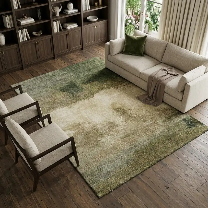 Fern Green And Beige Abstract Washable Area Rug With UV Protection Photo 1