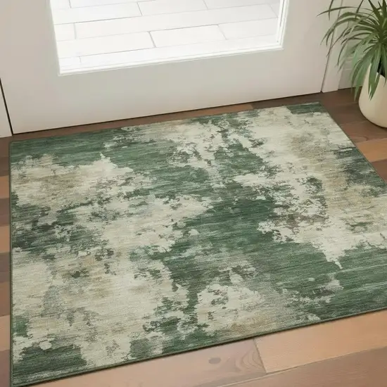 Fern Green And Beige Abstract Washable Area Rug With UV Protection Photo 2