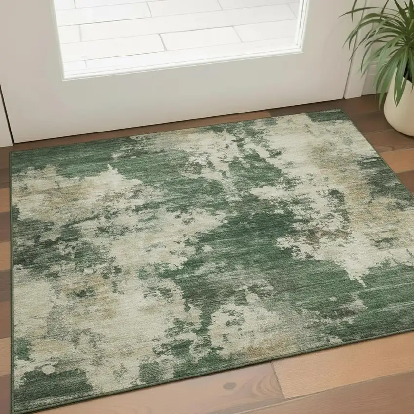Fern Green And Beige Abstract Washable Area Rug With UV Protection Photo 2
