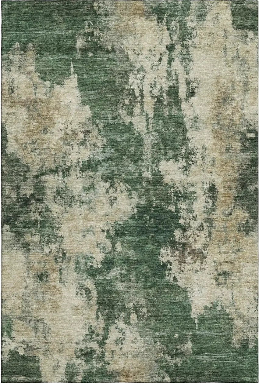 Fern Green And Beige Abstract Washable Area Rug With UV Protection Photo 1