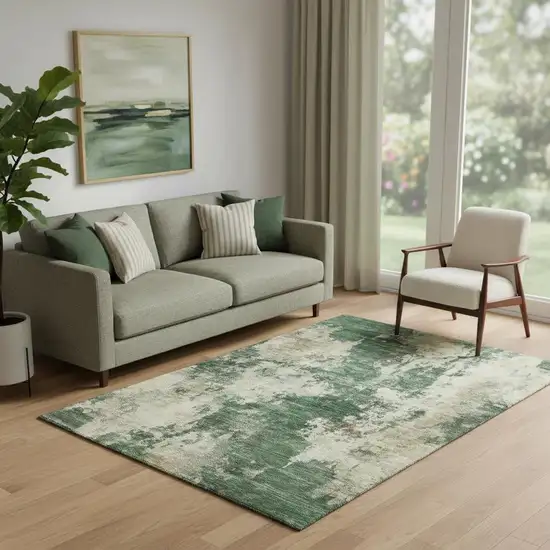 Fern Green And Beige Abstract Washable Area Rug With UV Protection Photo 2