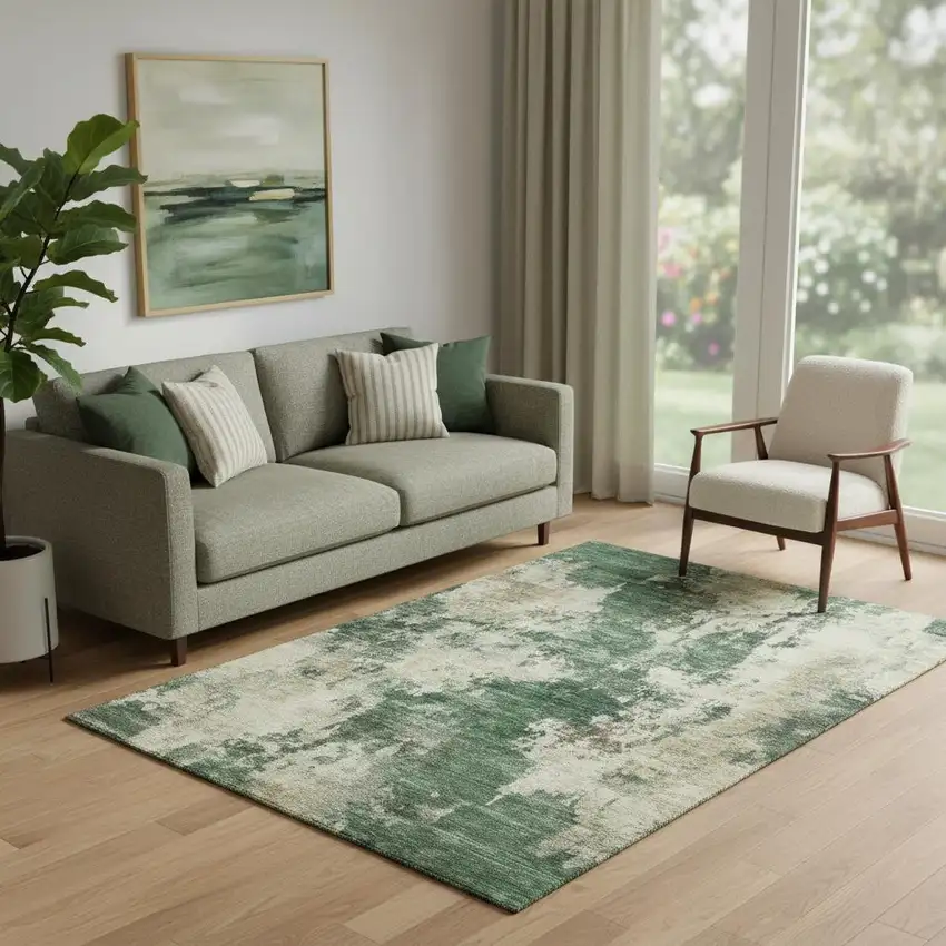 Fern Green And Beige Abstract Washable Area Rug With UV Protection Photo 2