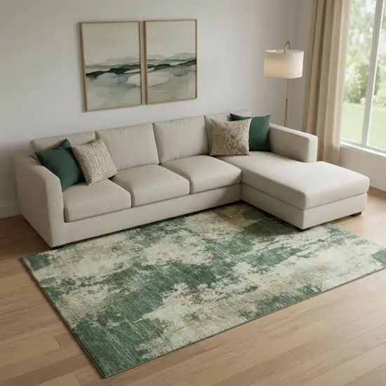 Fern Green And Beige Abstract Washable Area Rug With UV Protection Photo 2